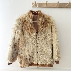 Vintage Curly Cream Mongolian Sheep Fur Bomber Boho Style Coat